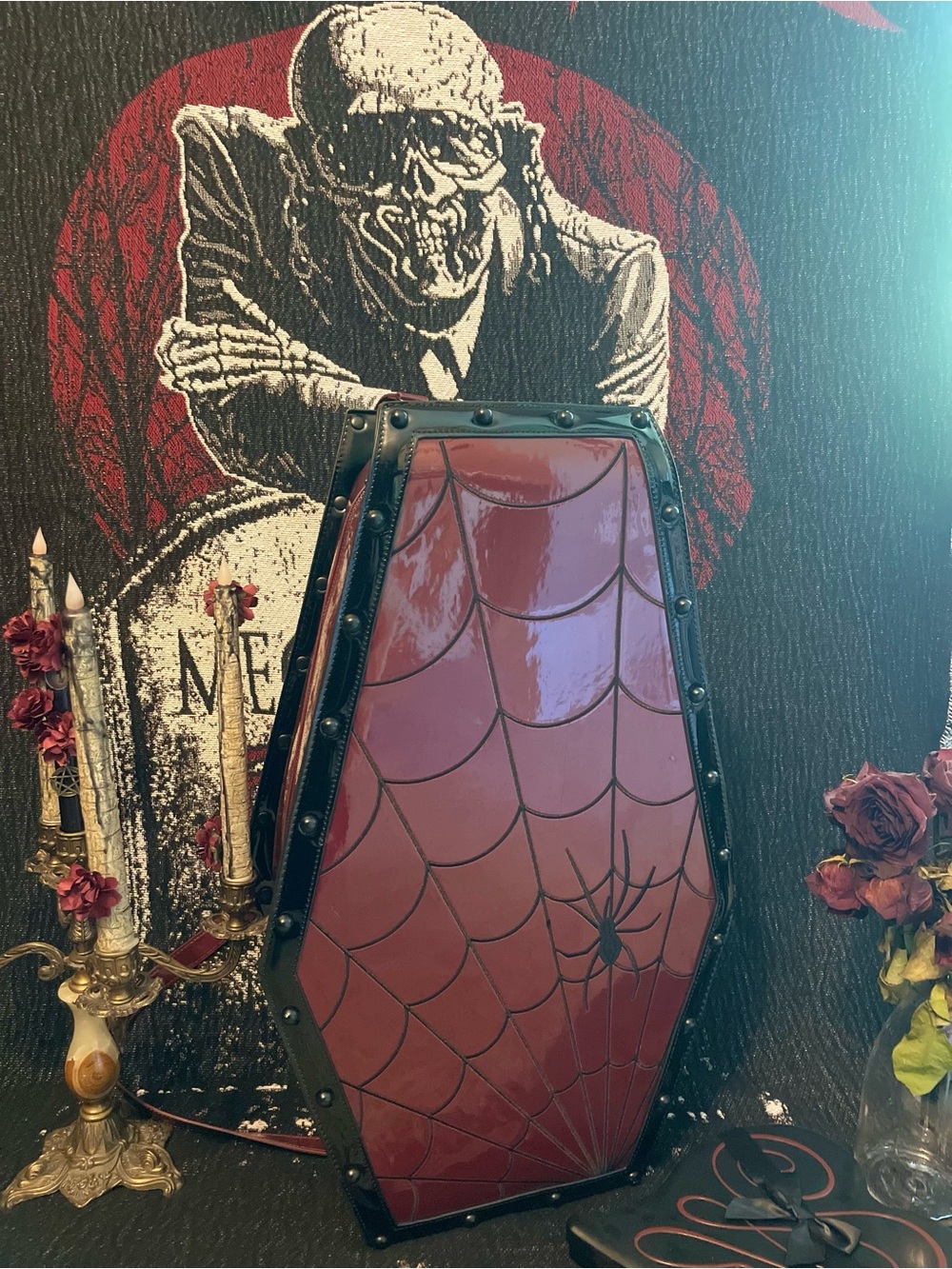 Dolls Kill Wine Red Coffin Weekender Bag with Black Embroidered Cross - Picture 6 of 13